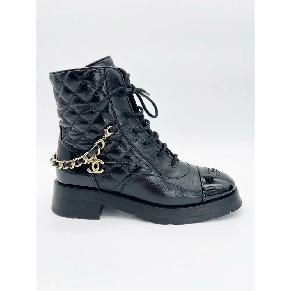 Chanel Black Quilted Patent Cap Toe Leather CC Chain Ankle Combat Boots EU 39.5